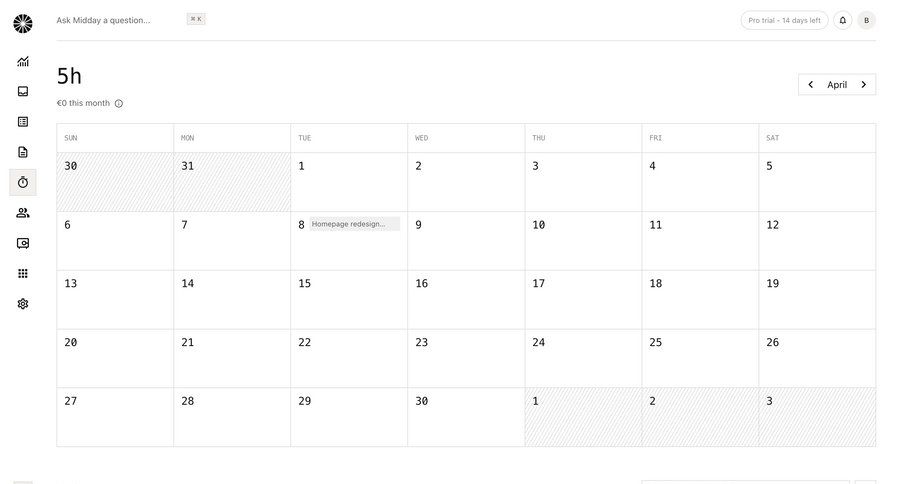 Midday
			 project management grid calendar screen navigation bar time management ui page example