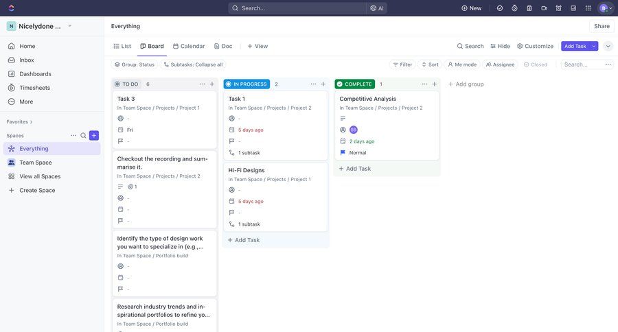 ClickUp
			 task management team collaboration sidebar navigation project management customize kanban board project tracking project organization dropdown filters call recording sidebar menu task management dashboard ui page example