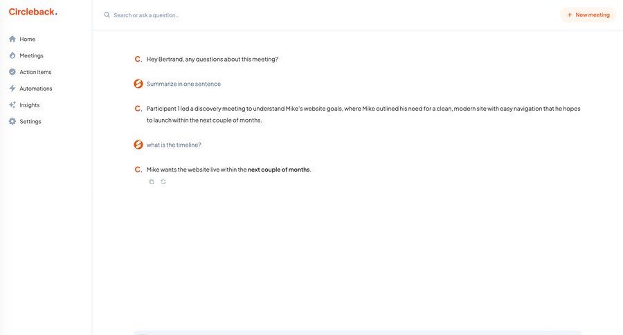 Circleback
			 collaboration dashboard sidebar navigation chat chat interface meeting ui page example