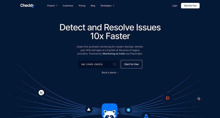 Checkly
			 dark theme call to action homepage home page navigation bar monitoring modern code snippet ui page example