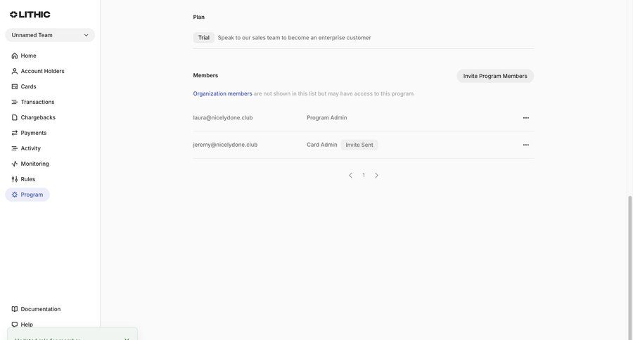Lithic
			settings notification list team billing team management ui page example