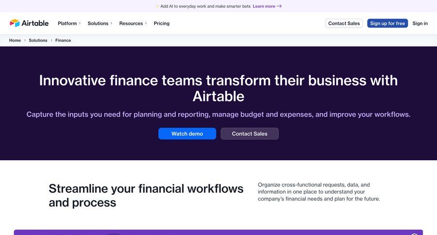 Airtable
			 data management finance workflow automation financial reporting color palette call to action navigation bar integration modern table download report ui page example