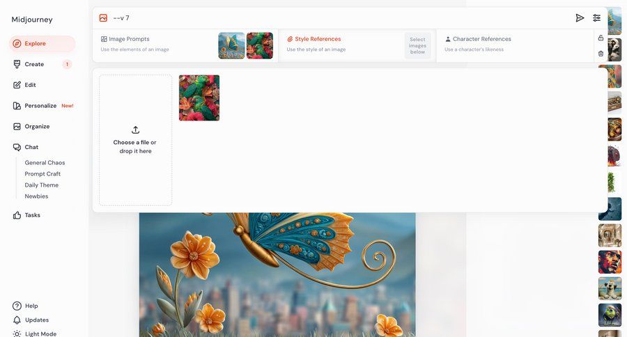 Midjourney
			 sidebar navigation artificial intelligence grid file upload drag and drop upload image sidebar create ui page example