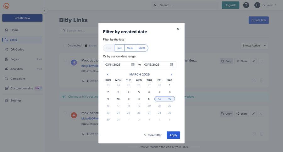 Bitly
			 dashboard filter controls upgrade modal lists date picker filter options filter dropdown filter ui date filter controls ui page example