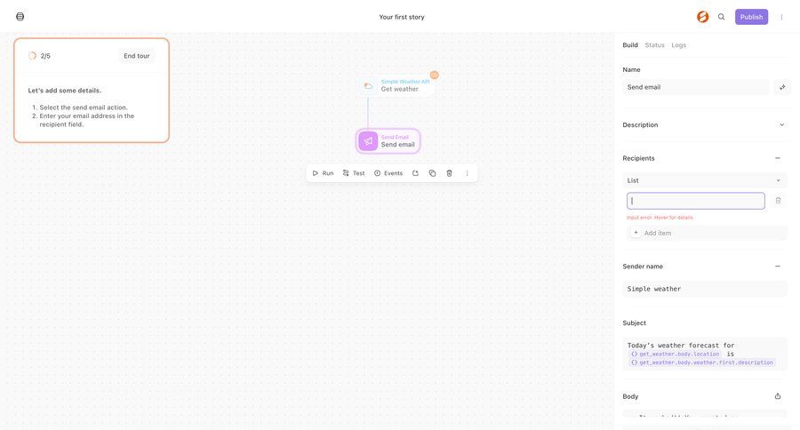 Tines
			 configuration workflow form automation workflow builder workflow automation workflow creation email sidebar setup on boarding option menu email marketing ui page example
