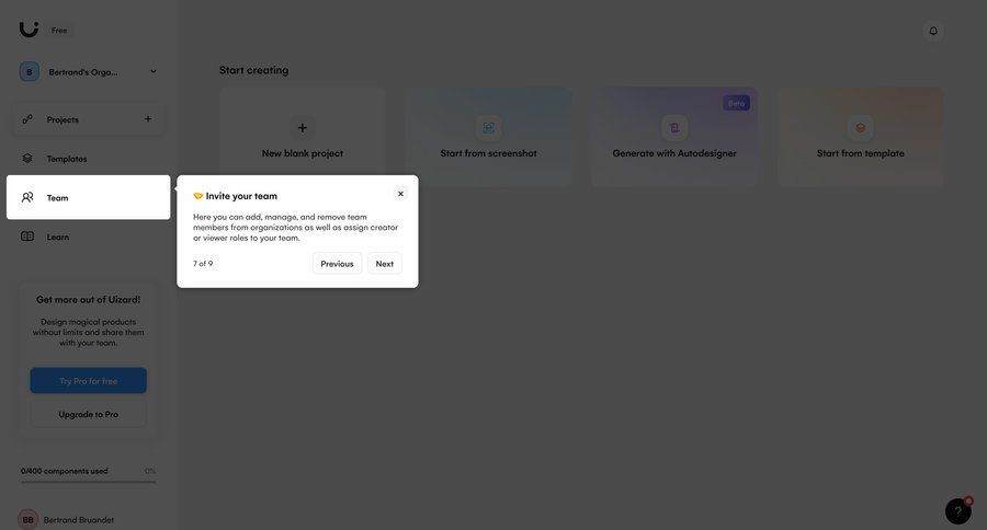 Uizard
			onboarding team management collaboration team collaboration dashboard sidebar navigation project management user management grid onboarding account setup onboarding modal user role sidebar progress bar pagination ui page example