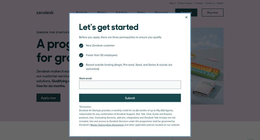 Zendesk
			startup & non-profit program onboarding form modal screen ui page example