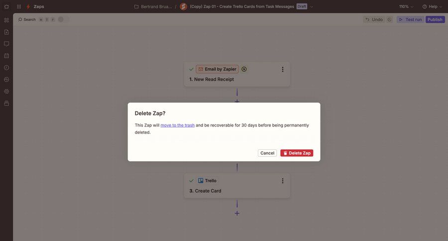 Zapier
			 modal screen configuration grid workflow automation delete workflow management confirmation modal dialog cancel deletion confirmation message ui page example