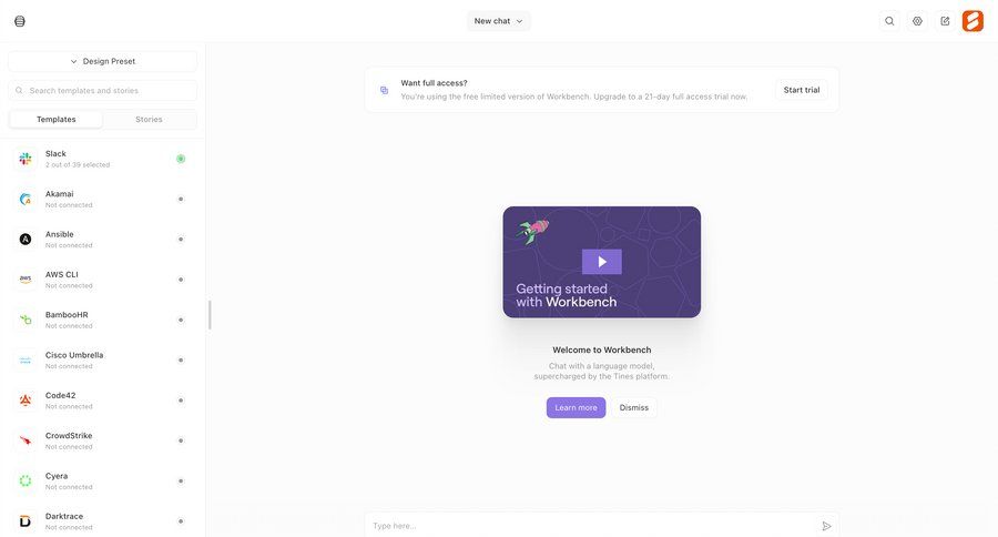 Tines
			 dashboard onboarding split screen templates template selection free trial sidebar chat integration progress chat interface contextual help ui page example