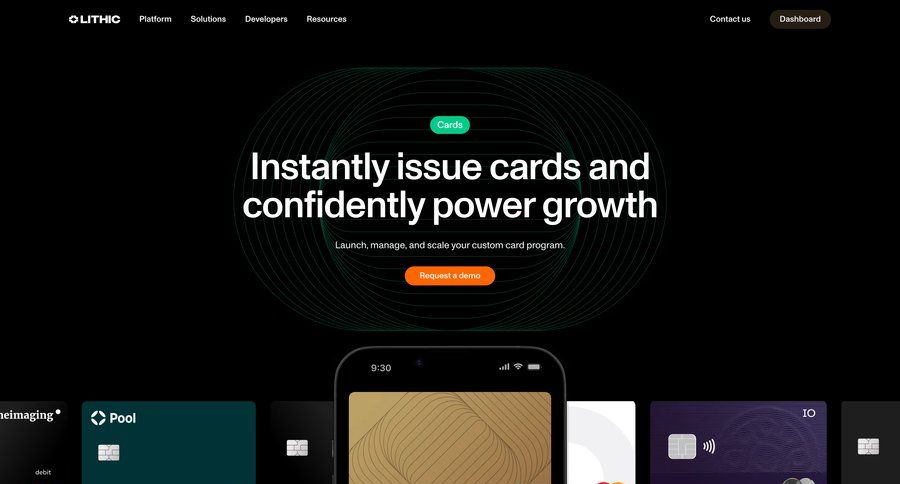 Lithic
			landing page company product page feature knowledge b2b saas ui page example