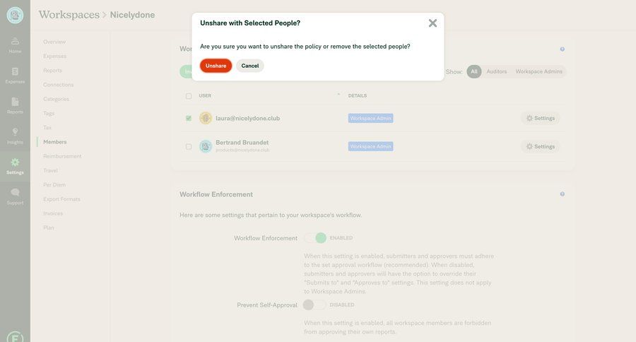 Expensify
			 settings sidebar navigation user management workspace settings workspace management access control user access control user data modal finance user permissions confirmation message data security ui page example