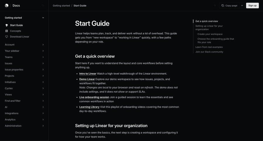 Linear
			 knowledge base documentation ui page example