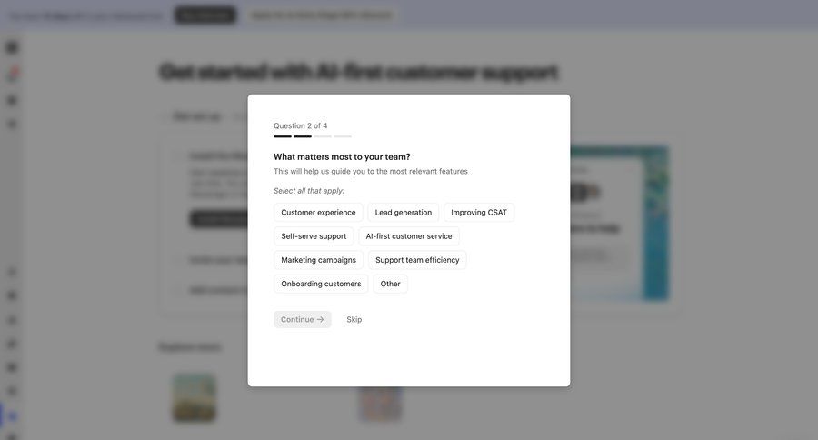 Intercom
			 modal screen artificial intelligence onboarding form progress indicator onboarding modal setup progress bar ui page example