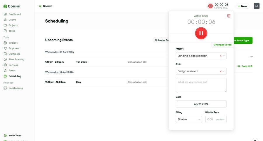 Bonsai
			 dashboard sidebar navigation project management calendar events sidebar date picker time selector time management time tracking ui page example