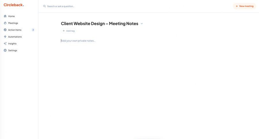 Circleback
			create detail page content editor form sidebar navigation tagging menu meeting ui page example
