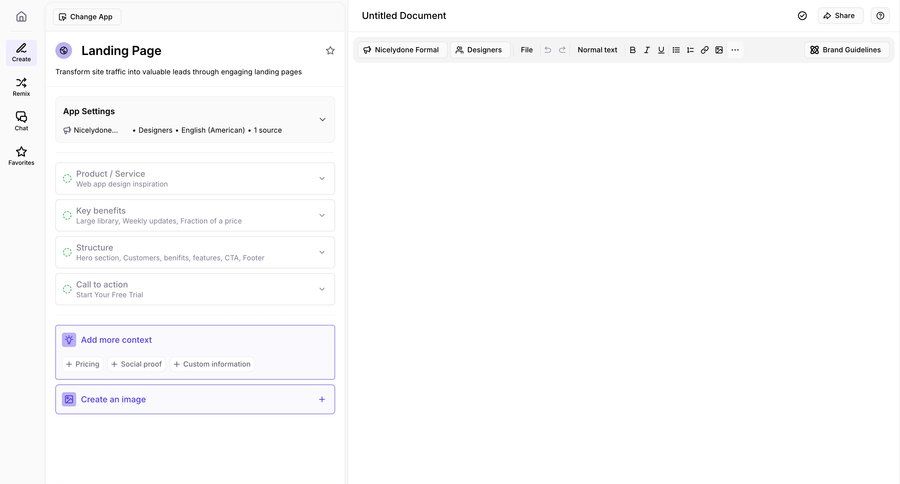 Jasper
			 form editor design template selection sidebar create generate ui page example