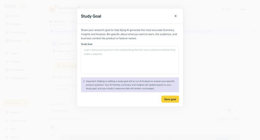 Sprig
			 modal screen form user research data analysis modal interaction upgrade modal alert research ui page example