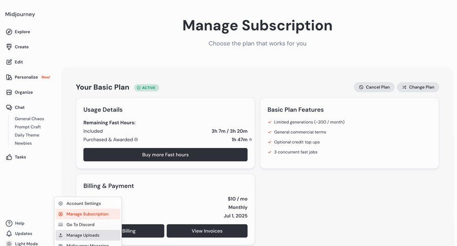 Midjourney
			 menu settings account management account settings subscription management billing portal ui page example
