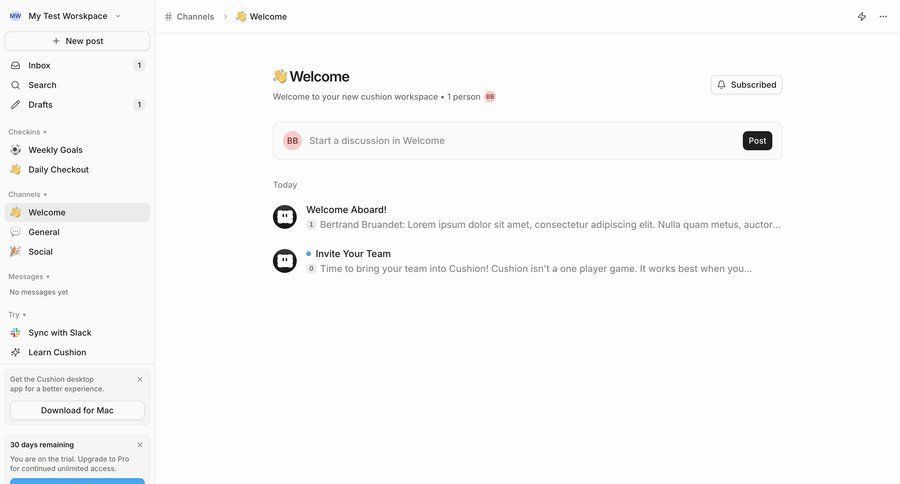 Cushion
			home list onboarding messaging team information state account settings call to action modern sidebar onboarding collaboration sidebar navigation message subscription management team workspace messages trial banner activity stream ui page example