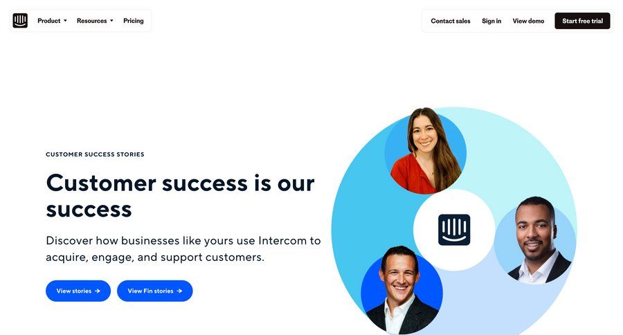 Intercom
			 customer success testimonials case studies customer stories customer support chat ui page example