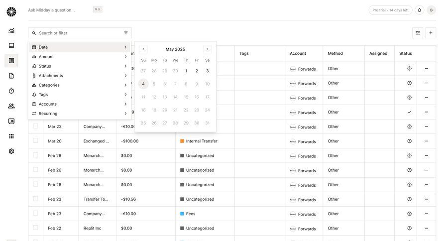 Midday
			 data management grid finance date picker menu data visualization table date filter ui page example