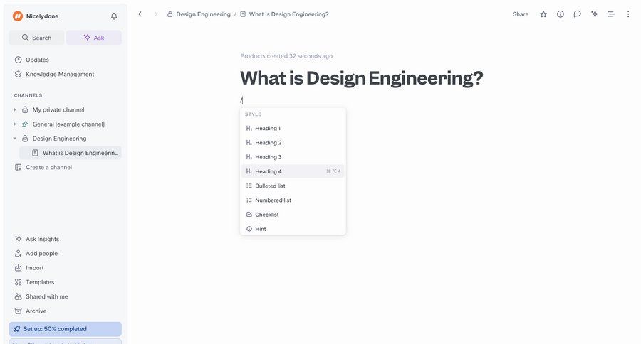 Slite
			content editor knowledge documentation edit editor document editing typography menu ui page example