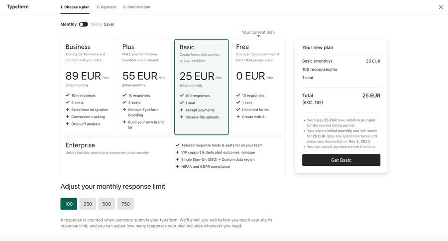 Typeform
			 modern price payment options saas product service plans subscription management plan comparison features payment confirmation pricing plans payment history subscription plans connect service premium payment page product packages pricing packages ui page example