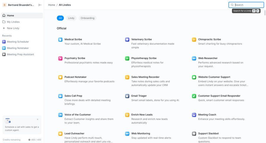 Lindy
			 sidebar navigation artificial intelligence grid automation search bar card layout customer support ui page example