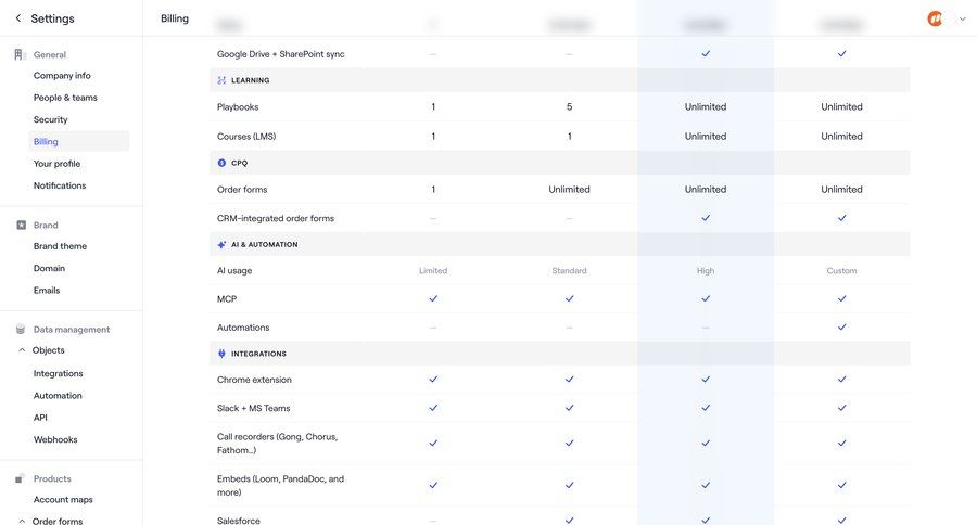 Dock
			 settings account management automation account settings subscription management plan comparison data display sidebar table ui page example