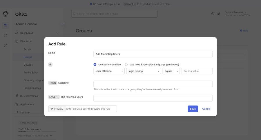 Okta
			 conditional logic trial banner ui page example