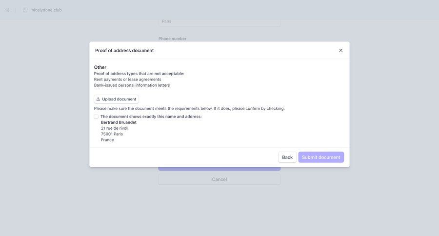 Stripe
			 modal screen e-commerce form account setup fintech account settings file upload instructions user profile data security ui page example
