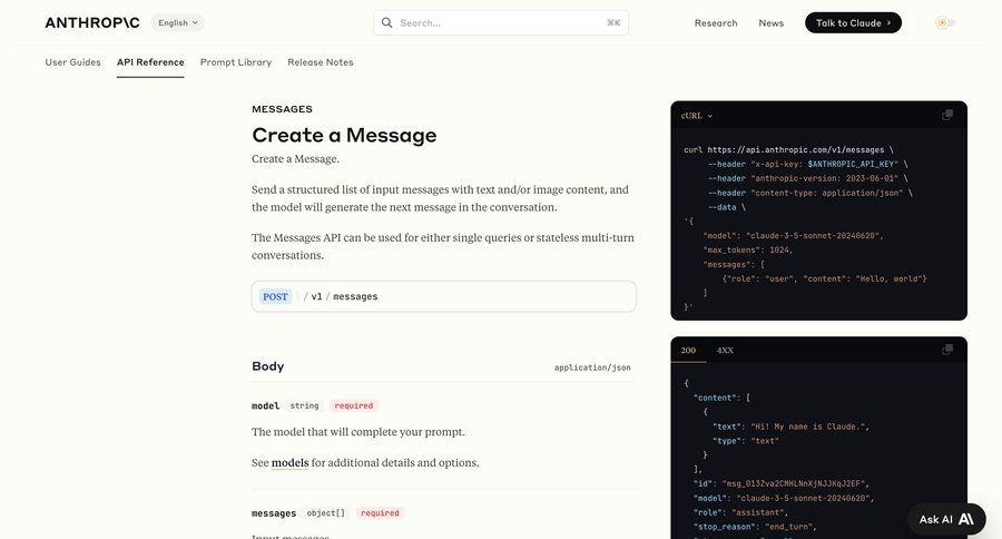 Anthropic
			 artificial intelligence empty state illustration user role parameters messages doc documentation docs conversational code snippet ui page example