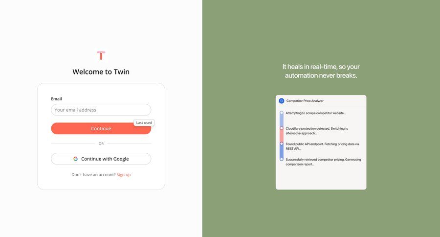 Twin
			 onboarding form automation split screen progress indicator account creation authentication progress tracking data analysis minimalist design login ui page example