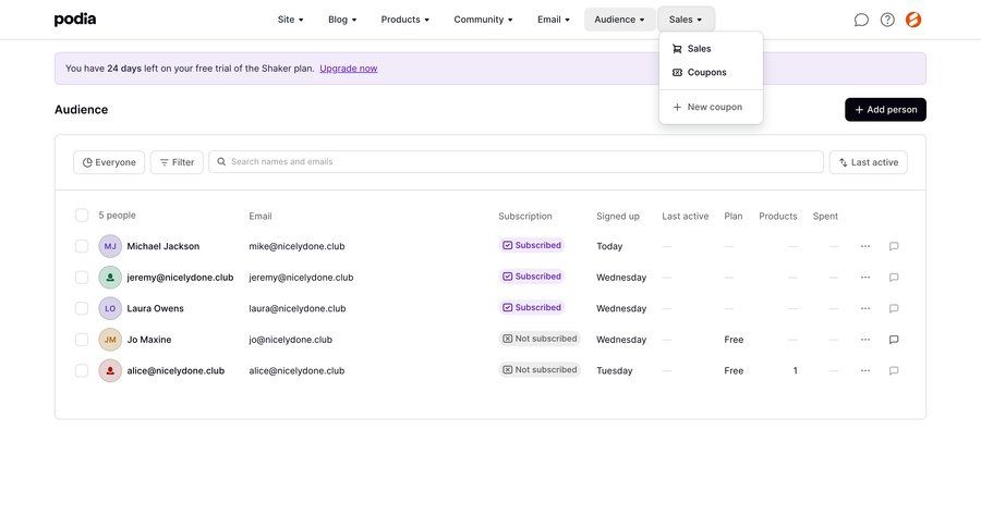 Podia
			 data management e-commerce subscription management activity tracking audience management data display user data free trial user profile user menu user termination profile page table search bar controls ui page example