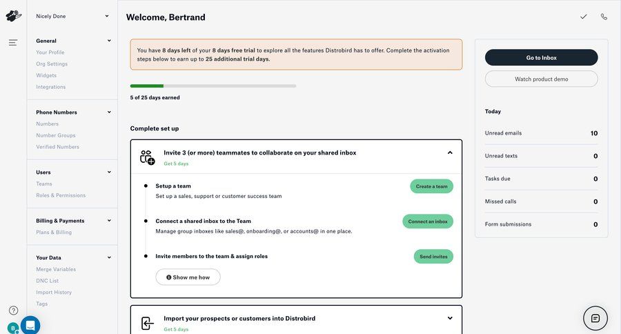 Distrobird
			 data management team collaboration dashboard sidebar navigation onboarding account setup progress indicator customer communication billing history sidebar data import communication progress bar modern accordion ui page example