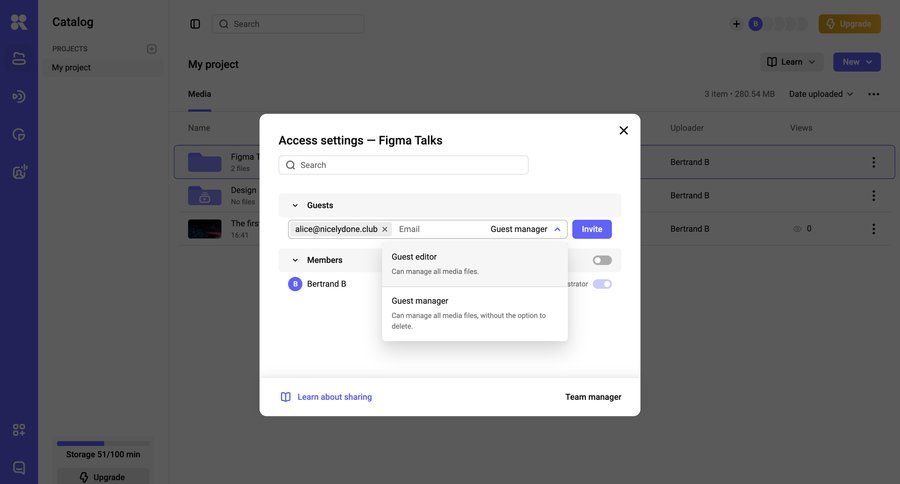 Kinescope
			 team collaboration share modal ui page example