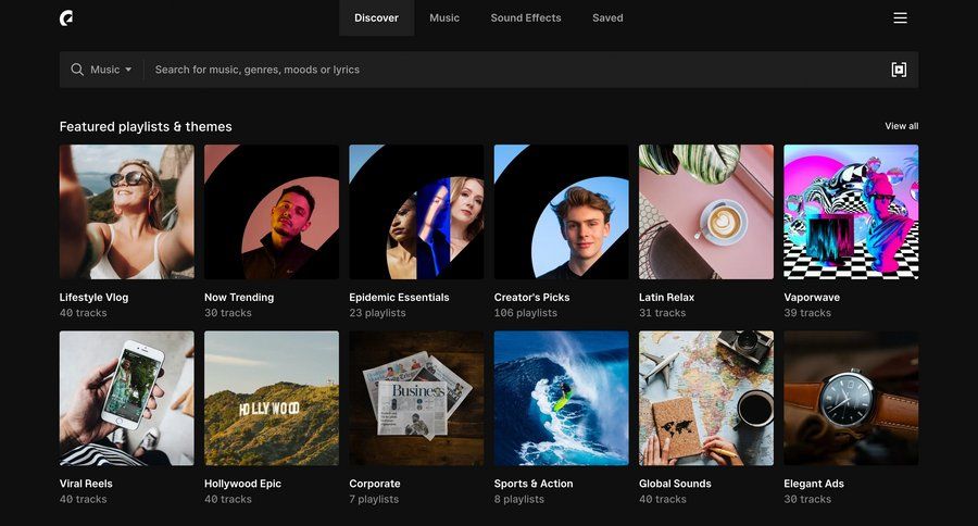 Epidemic Sound
			home collection player grid rounded corners dropdown filters menu progress bar modern pagination global search ui page example
