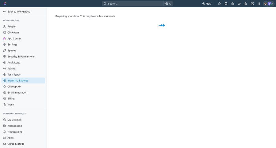 ClickUp
			 sidebar progress indicator user settings project management data export data management sidebar navigation progress data import loading workspace settings spinner audit log import tool ui page example