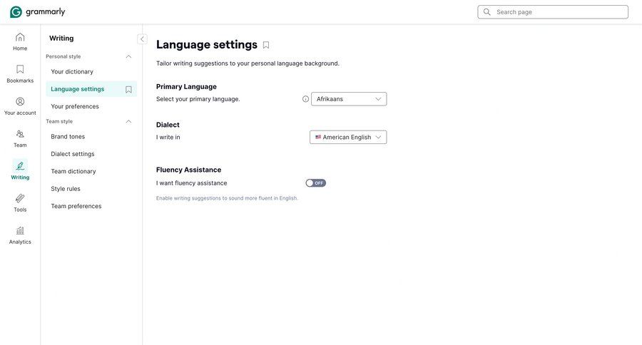 Grammarly
			 account settings localization ui page example