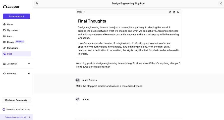 Jasper
			 collaboration dashboard sidebar navigation sidebar chat blog post chat interface review ui page example
