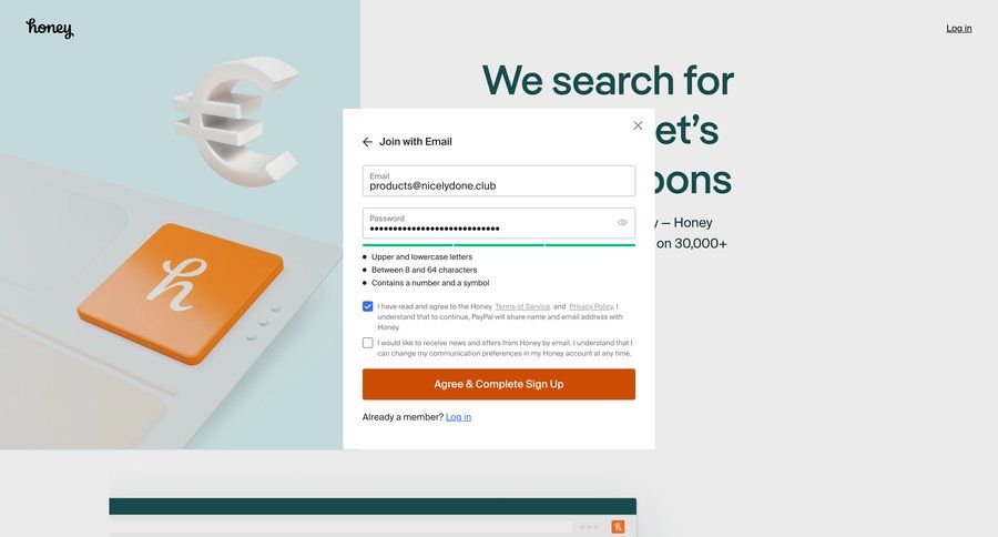 Honey
				signup page example