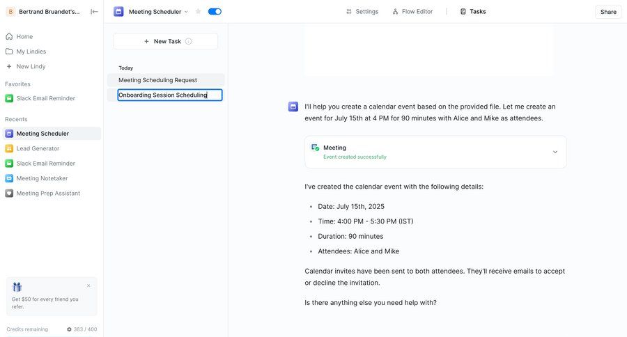 Lindy
			 task management sidebar navigation automation scheduling meetings send invitation sidebar message chat interface ui page example