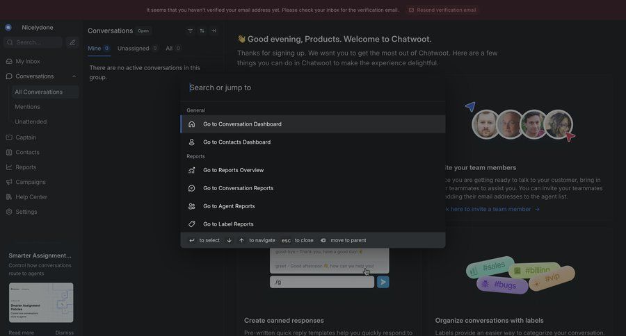 Chatwoot
			home command palette keyboard shortcuts global search ui page example