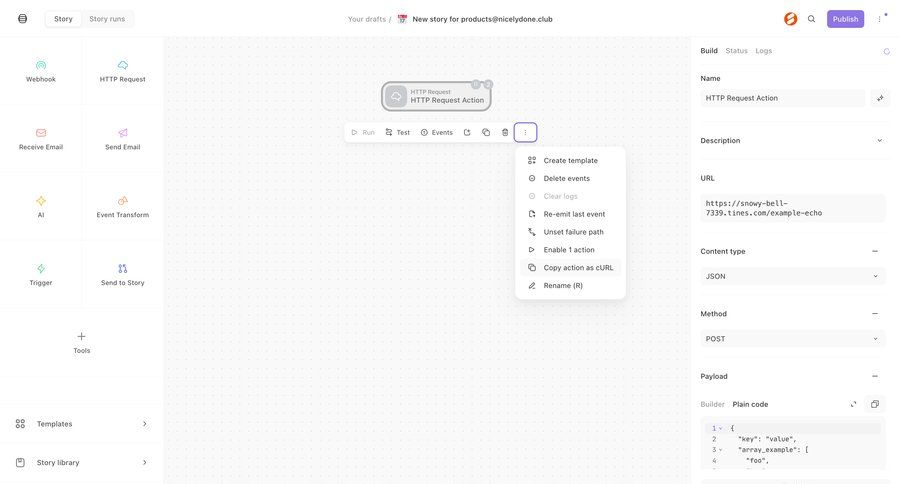 Tines
			tools command palette integration settings configuration grid workflow form automation workflow builder workflow automation sidebar menu integration option menu command k code snippet template creation ui page example