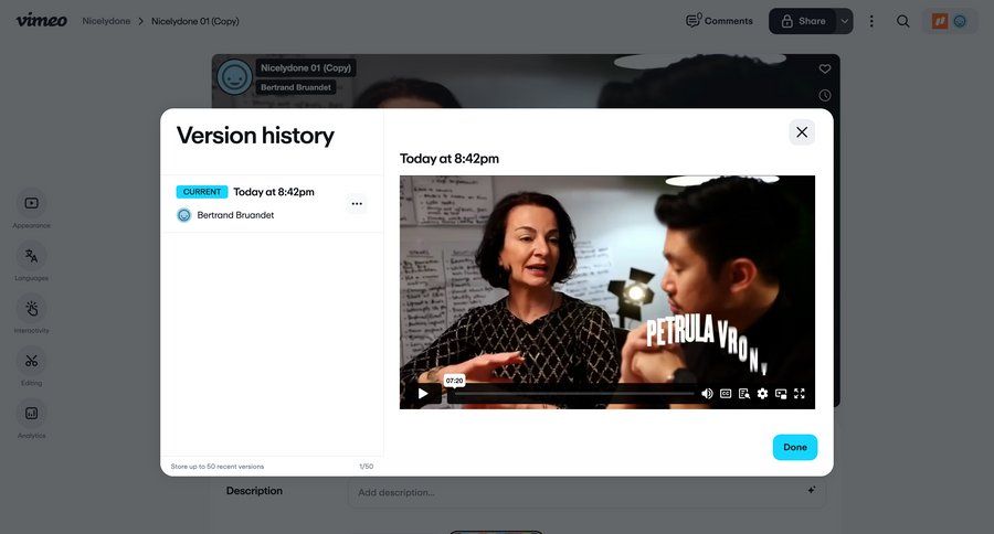 Vimeo
			player history content management video management progress bar version history version control ui page example