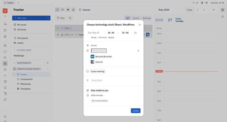 Huly
			 modal screen dashboard sidebar navigation project management form schedule sidebar meeting ui page example