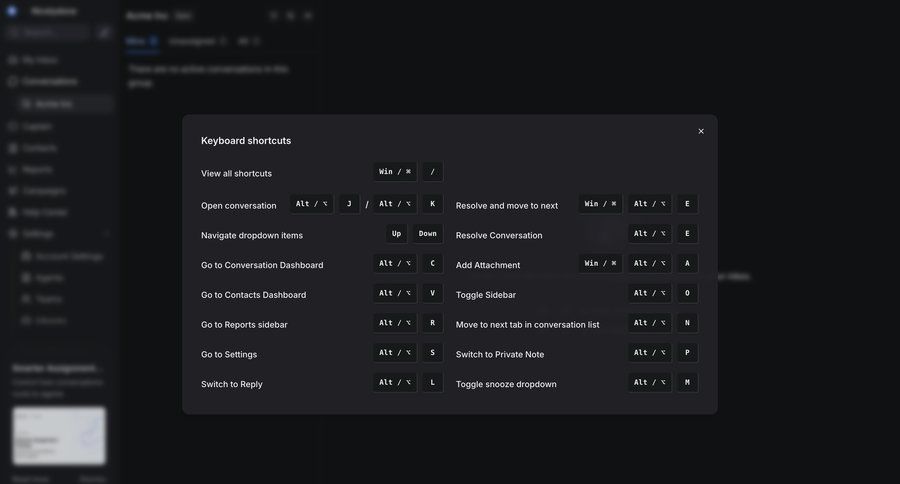 Chatwoot
			 navigation sidebar keyboard shortcuts ui page example