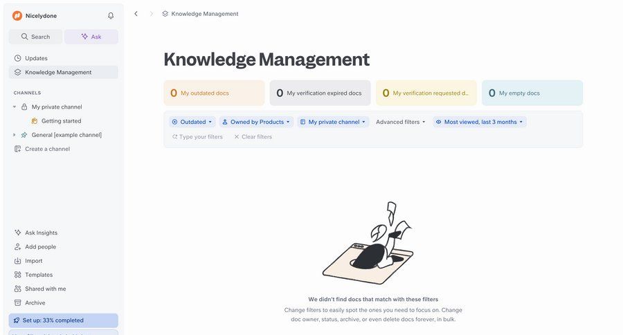 Slite
			empty state list onboarding filters documentation collaboration dashboard channel management knowledge management dropdown filters sidebar progress bar ui page example