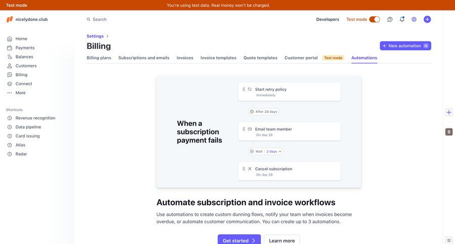 Stripe
			 configuration settings sidebar navigation automation fintech subscription management automation setup workflow steps billing history sidebar shortcuts connect service ui page example
