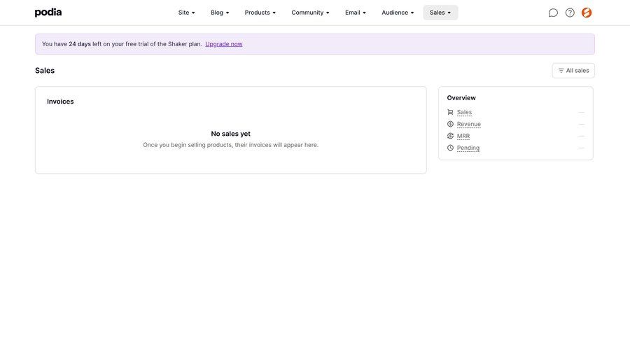 Podia
			 e-commerce dashboard onboarding finance free trial blank state void blank non-ideal state empty page prompt data visualization ui page example
